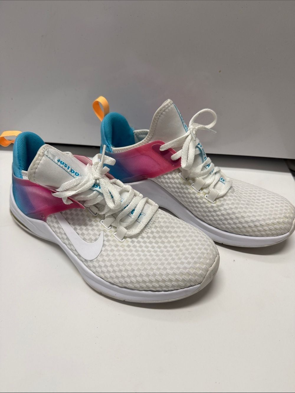 Nike White Mesh Trainers with Pink Gradient & Teal Accents - Size 7.5 Worn Once